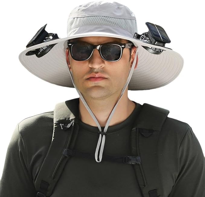 Solar Fan Hat Breathable Wide Brim Sun Hat for Men Women Sun Bucket Fishing Hats with 2 Solar Fan UPF 50+ Outdoor