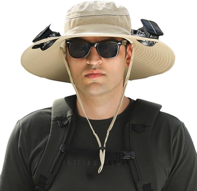 Solar Fan Hat Breathable Wide Brim Sun Hat for Men Women Sun Bucket Fishing Hats with 2 Solar Fan UPF 50+ Outdoor
