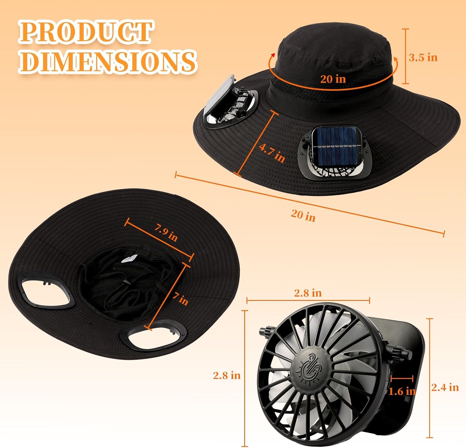 Solar Powered Fan Hat with 2 Removable Fans Wide Brim Sun Hat for Outdoor Fishing, Hiking Gardening, USB Solar Charging