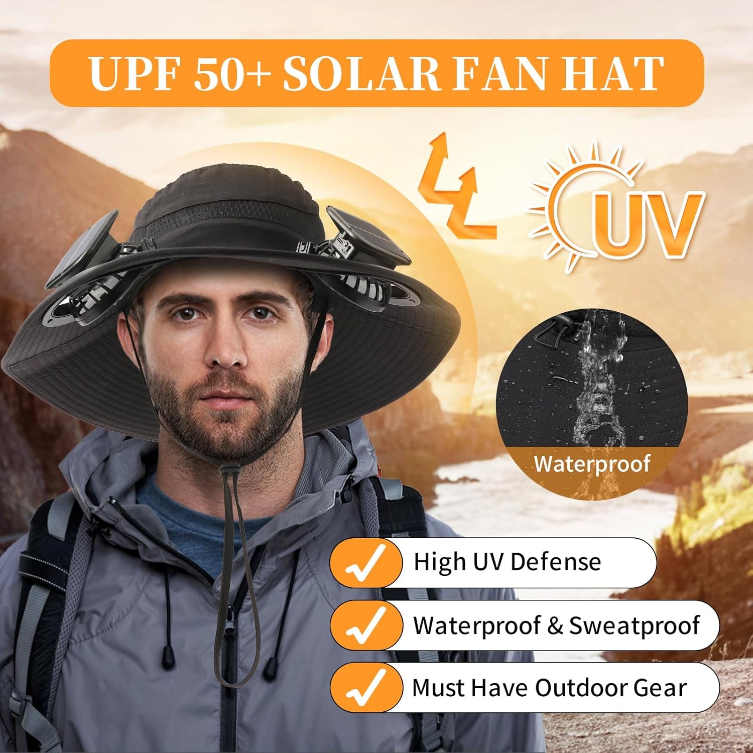Solar Powered Fan Hat with 2 Removable Fans Wide Brim Sun Hat for Outdoor Fishing, Hiking Gardening, USB Solar Charging
