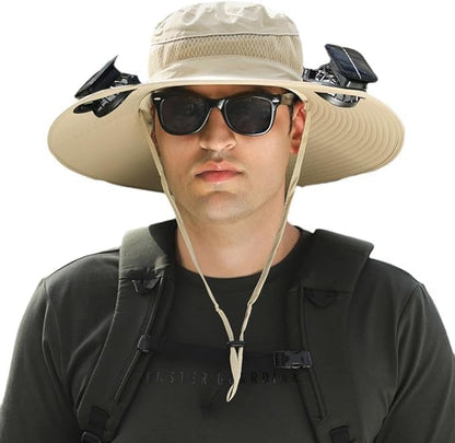 Solar Fan Hat Breathable Wide Brim Sun Hat for Men Women Sun Bucket Fishing Hats with 2 Solar Fan UPF 50+ Outdoor