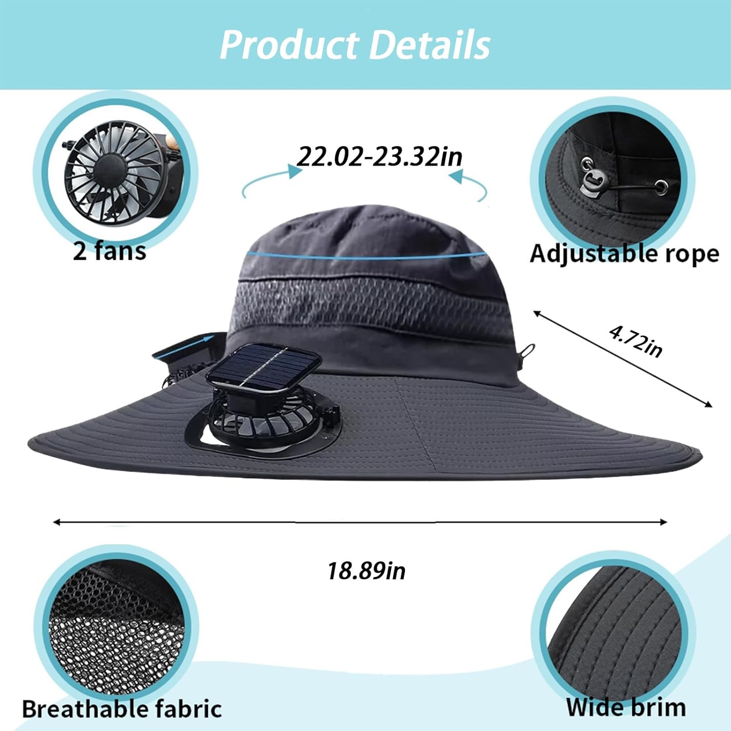 Solar Fan Hat Breathable Wide Brim Sun Hat for Men Women Sun Bucket Fishing Hats with 2 Solar Fan UPF 50+ Outdoor