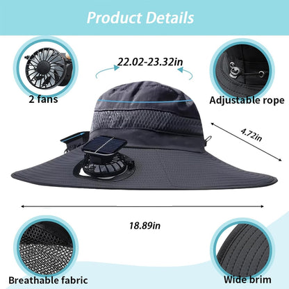 Solar Fan Hat Breathable Wide Brim Sun Hat for Men Women Sun Bucket Fishing Hats with 2 Solar Fan UPF 50+ Outdoor